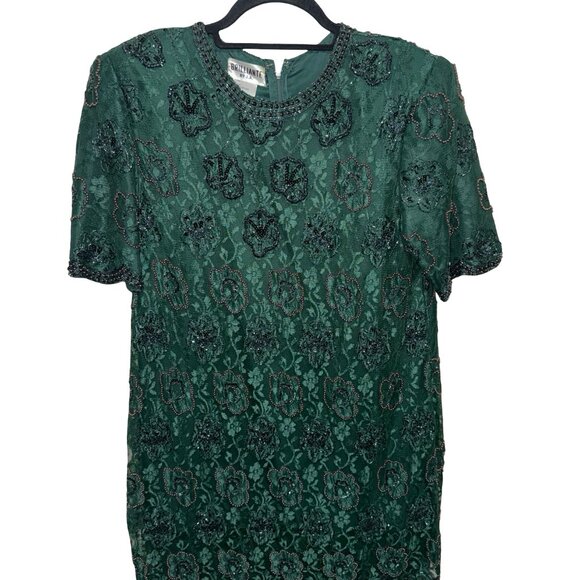 Brilliante by J.A.Vintage Beaded & Sequins Dark Green Lace MidiScallop Hem Sz M - Picture 1 of 13